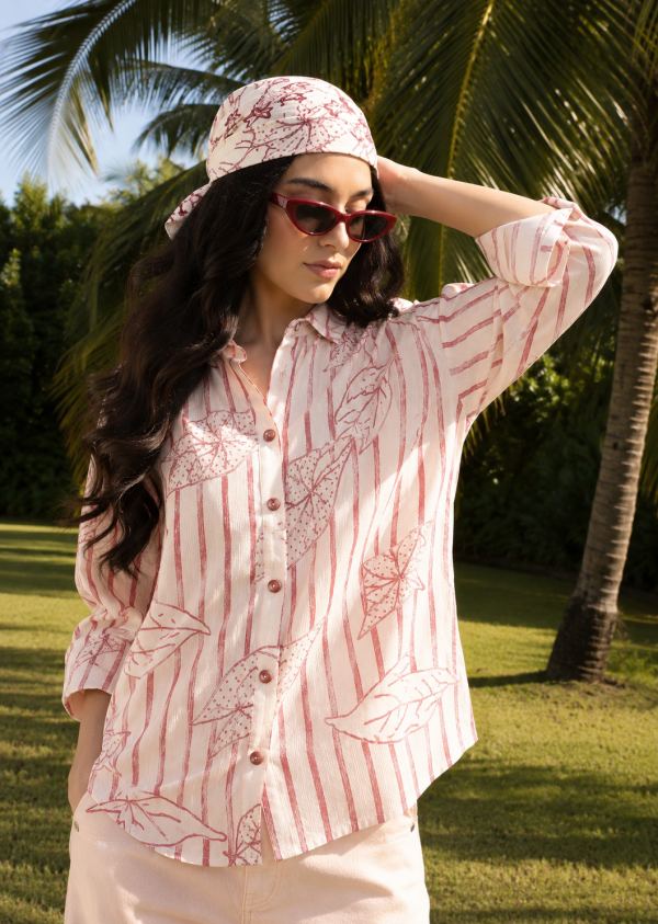 Crimson Canopy Botanical Stripe Shirt for Women - White & Red Stripe